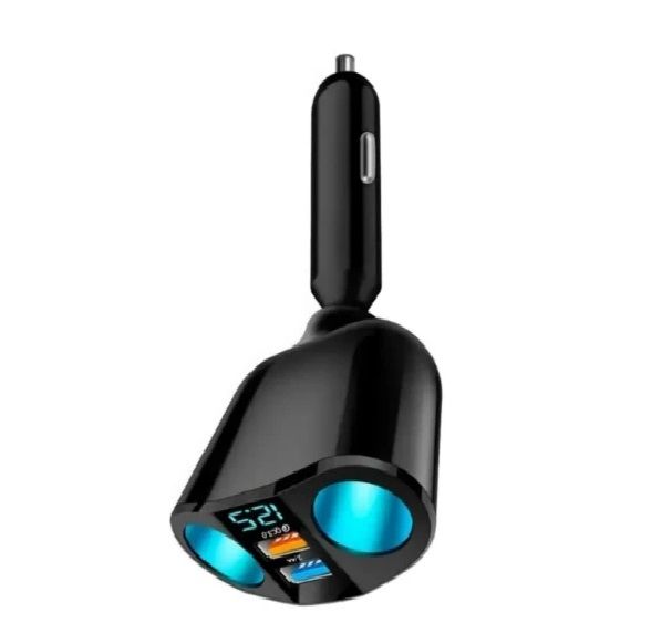 Вольтметр цифровой в прикуриватель 12-24 V 0.22 (складной 60°) 2 порт USB (2.4А+QC 3.0+PD)+2 розетки прикуривателя синие свечение