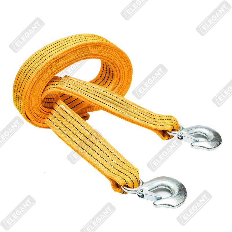 Трос буксировочный  (5т х 5м х 5см) лента с крюками желтый (сумка) Elegant