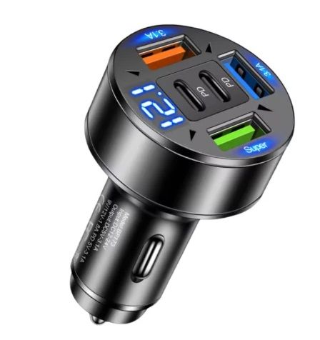 Вольтметр цифровой в прикуриватель 12-24 V  0.22 5 портов USB (2USB 3.1A + Super+2PD) синие свечение